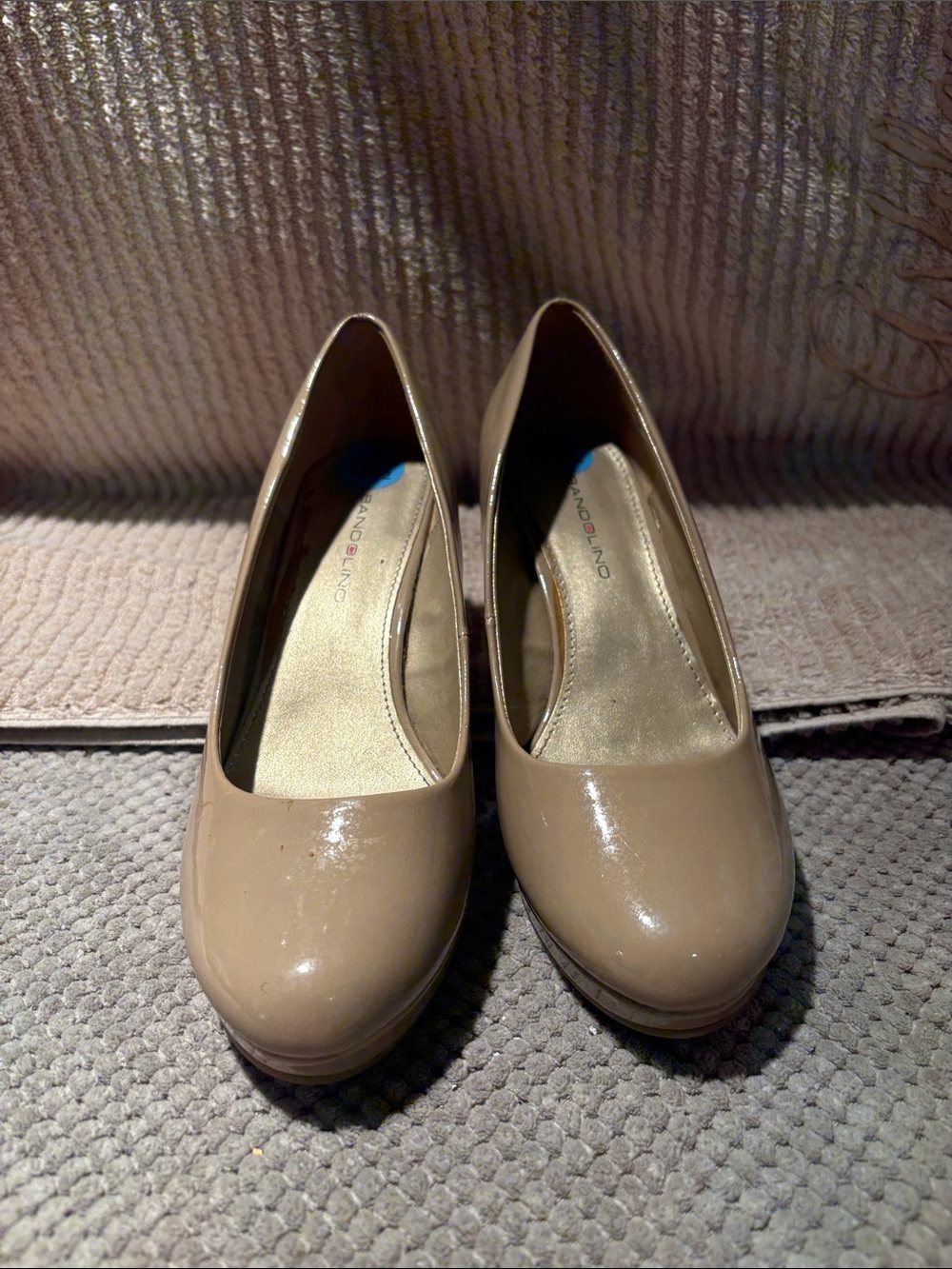 Bandolino Beige Patent Round-Toe Pumps